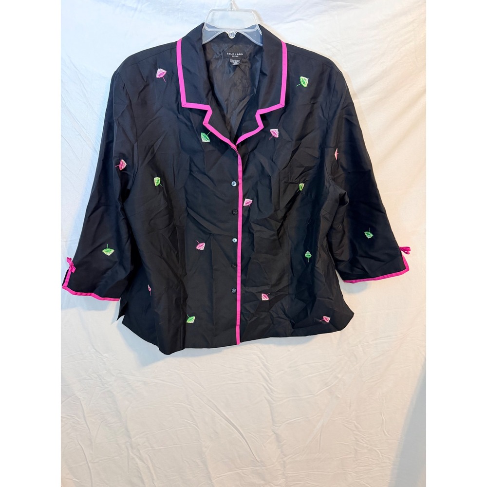 Silkland Woman Black 100% Silk Embroidered Parasol Blazer Jacket Pink Trim 22W